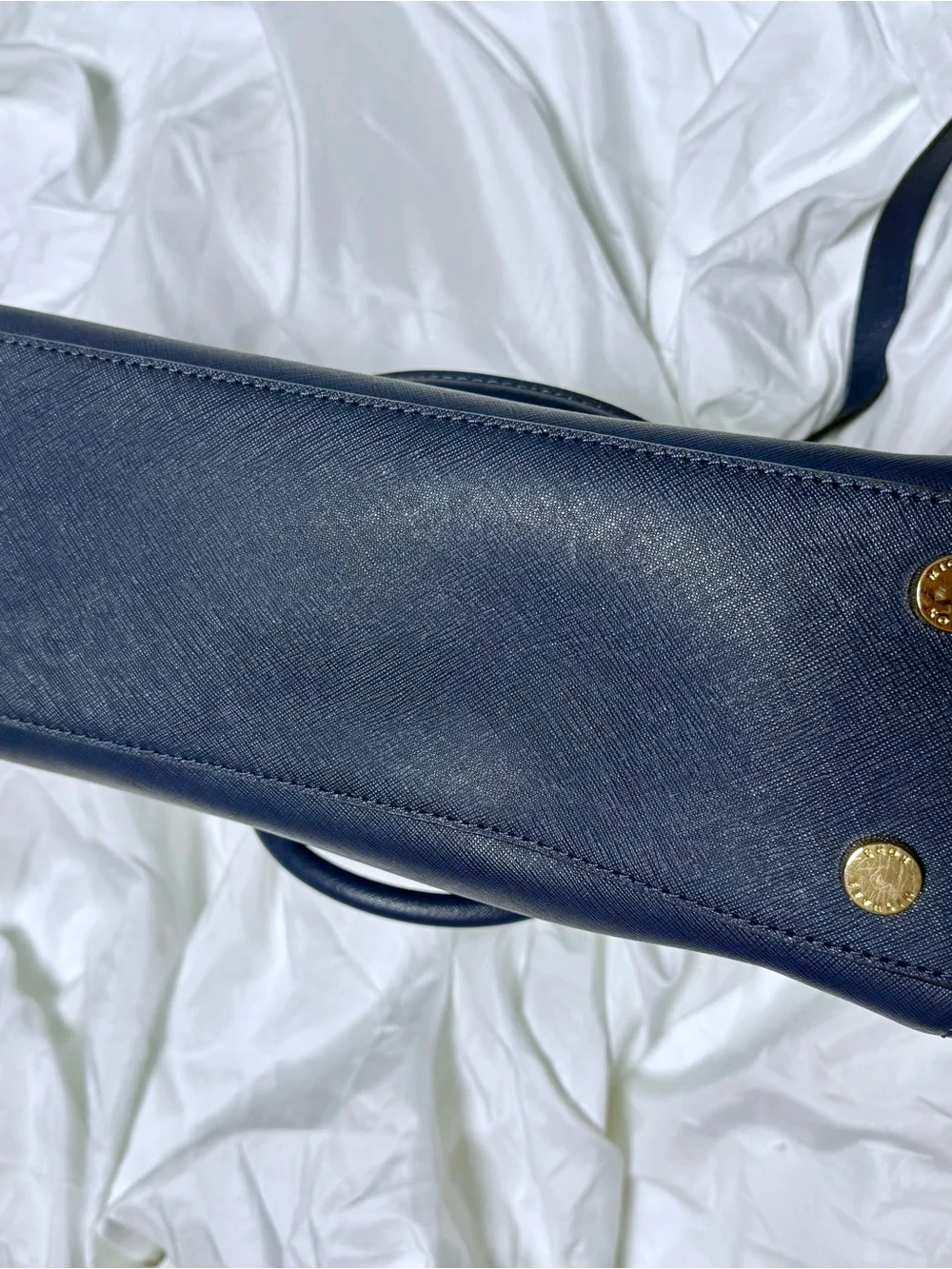 Michael Kors Navy Saffiano Satchel with Gold MK Charm
